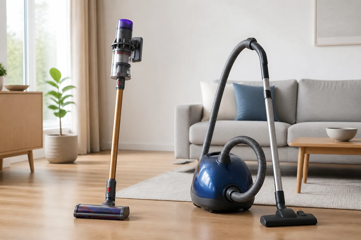 Aspirateur balai et aspirateur traineau cote a cote dans un salon