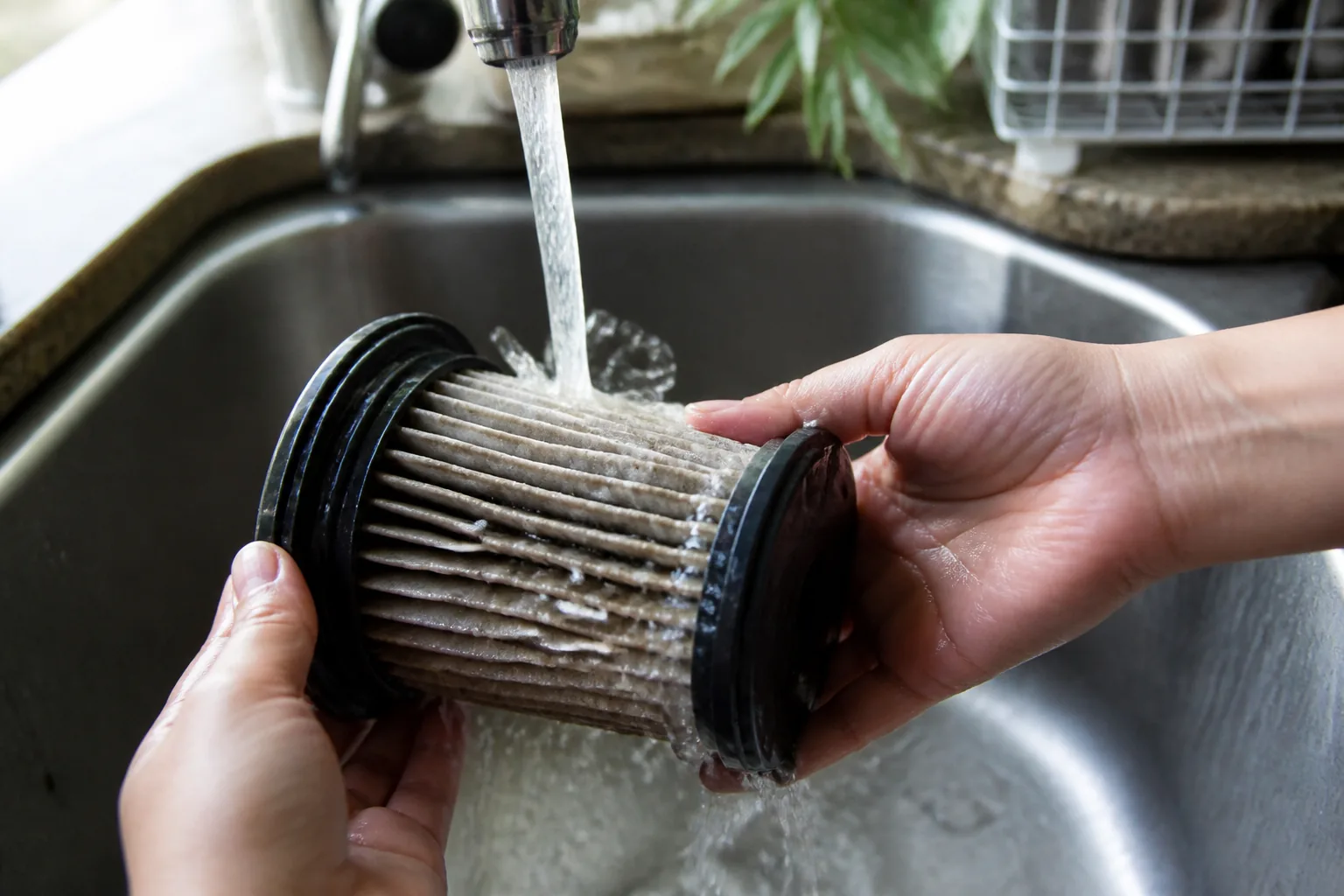 Filtre d aspirateur rince sous l eau dans un evier